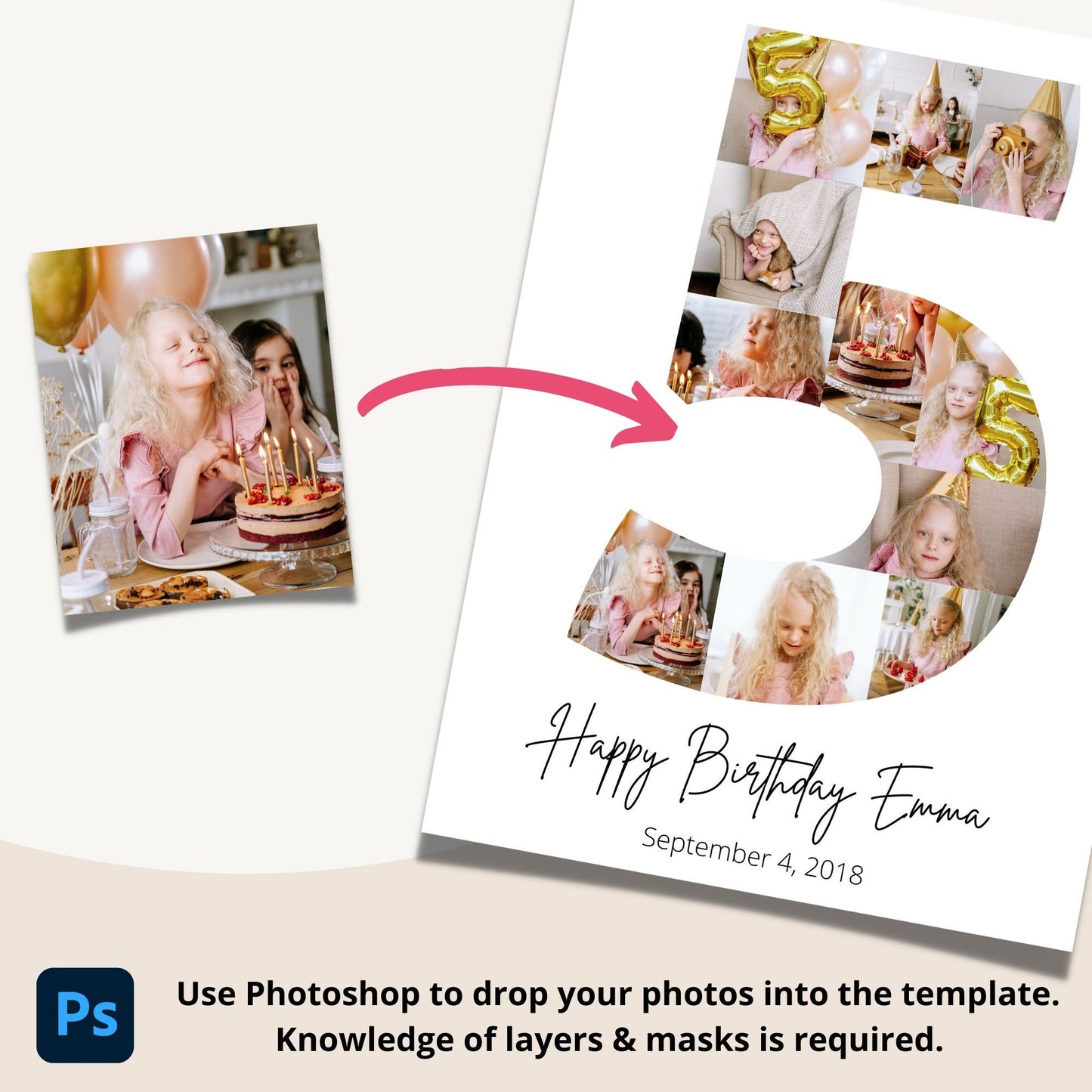 Fifth Birthday Photo Collage Template - Canva & Photoshop Instant Download