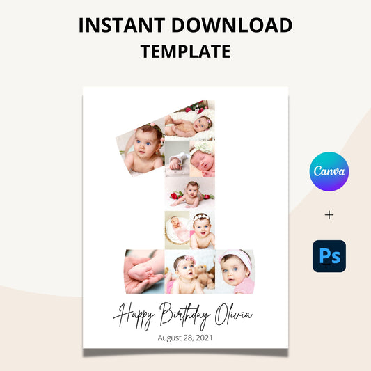 First Birthday Photo Collage Template - Canva & Photoshop Instant Download
