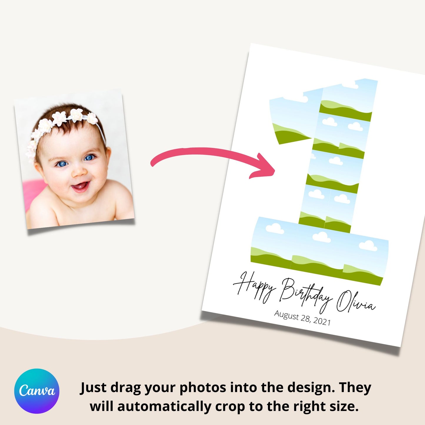 First Birthday Photo Collage Template - Canva & Photoshop Instant Download