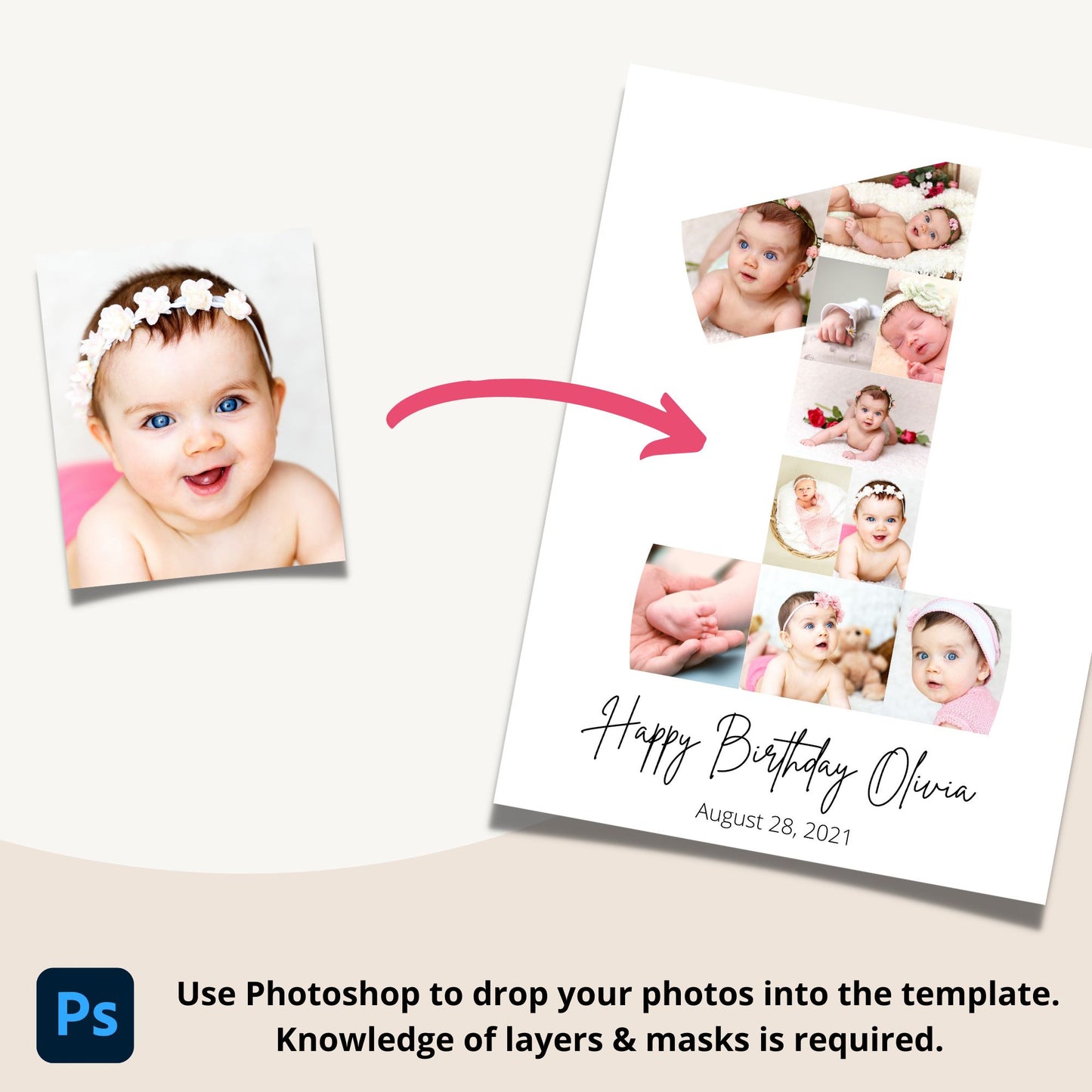 First Birthday Photo Collage Template - Canva & Photoshop Instant Download