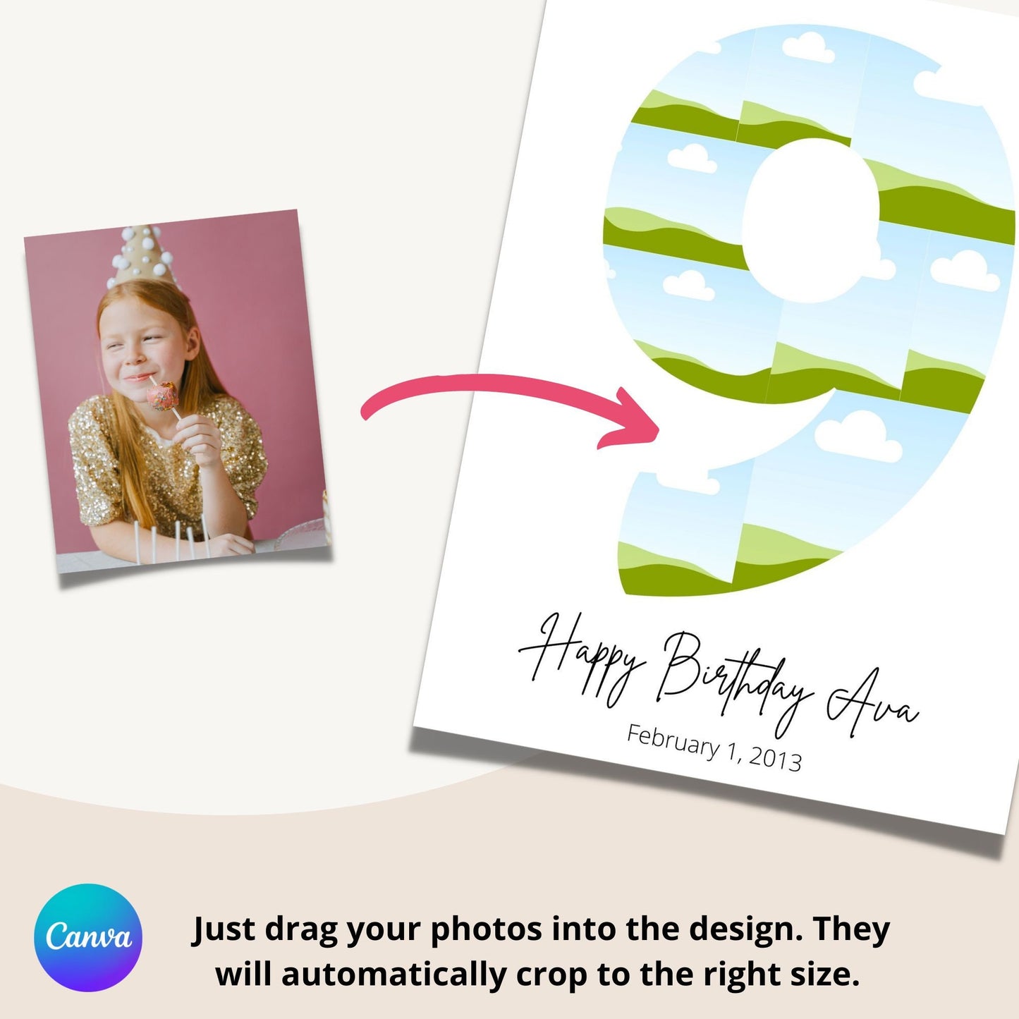 Ninth Birthday Photo Collage Template - Canva & Photoshop Instant Download