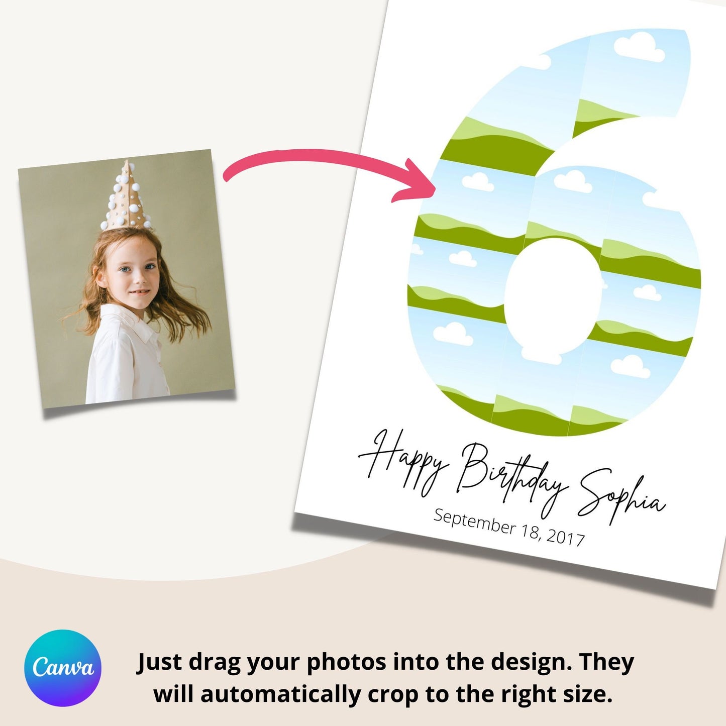 Sixth Birthday Photo Collage Template - Canva & Photoshop Instant Download