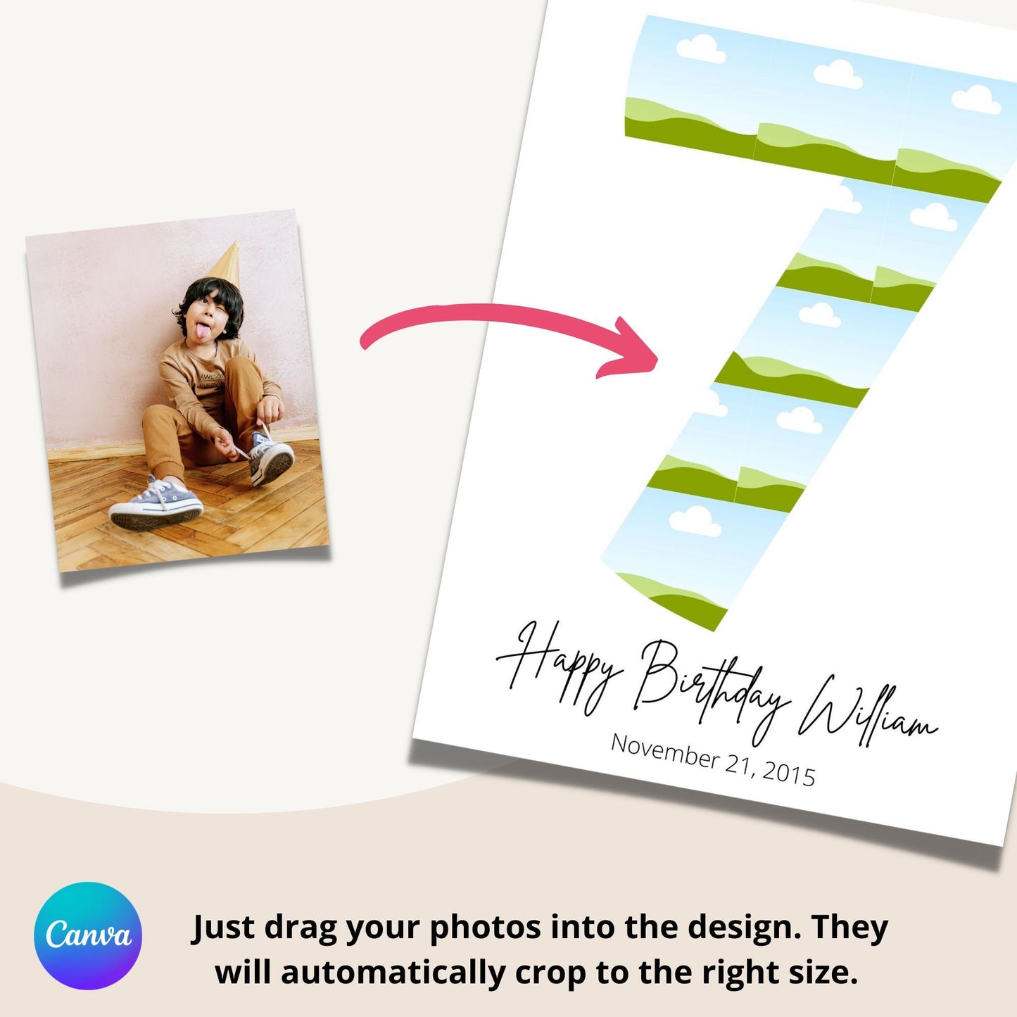 Seventh Birthday Photo Collage Template - Canva & Photoshop Instant Download