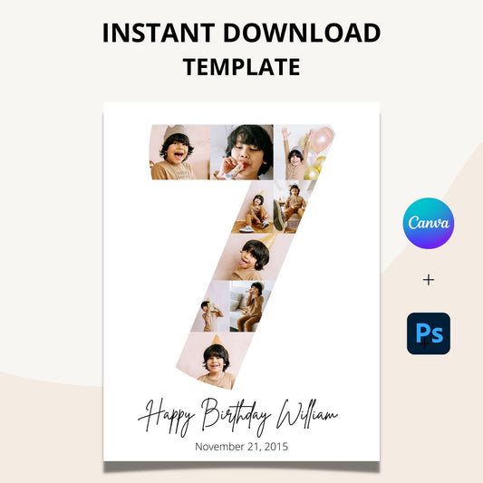 Seventh Birthday Photo Collage Template - Canva & Photoshop Instant Download