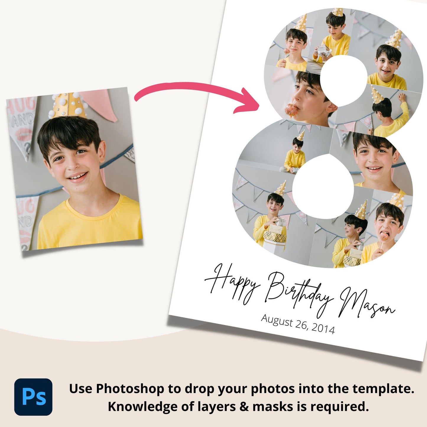 Eighth Birthday Photo Collage Template - Canva & Photoshop Instant Download