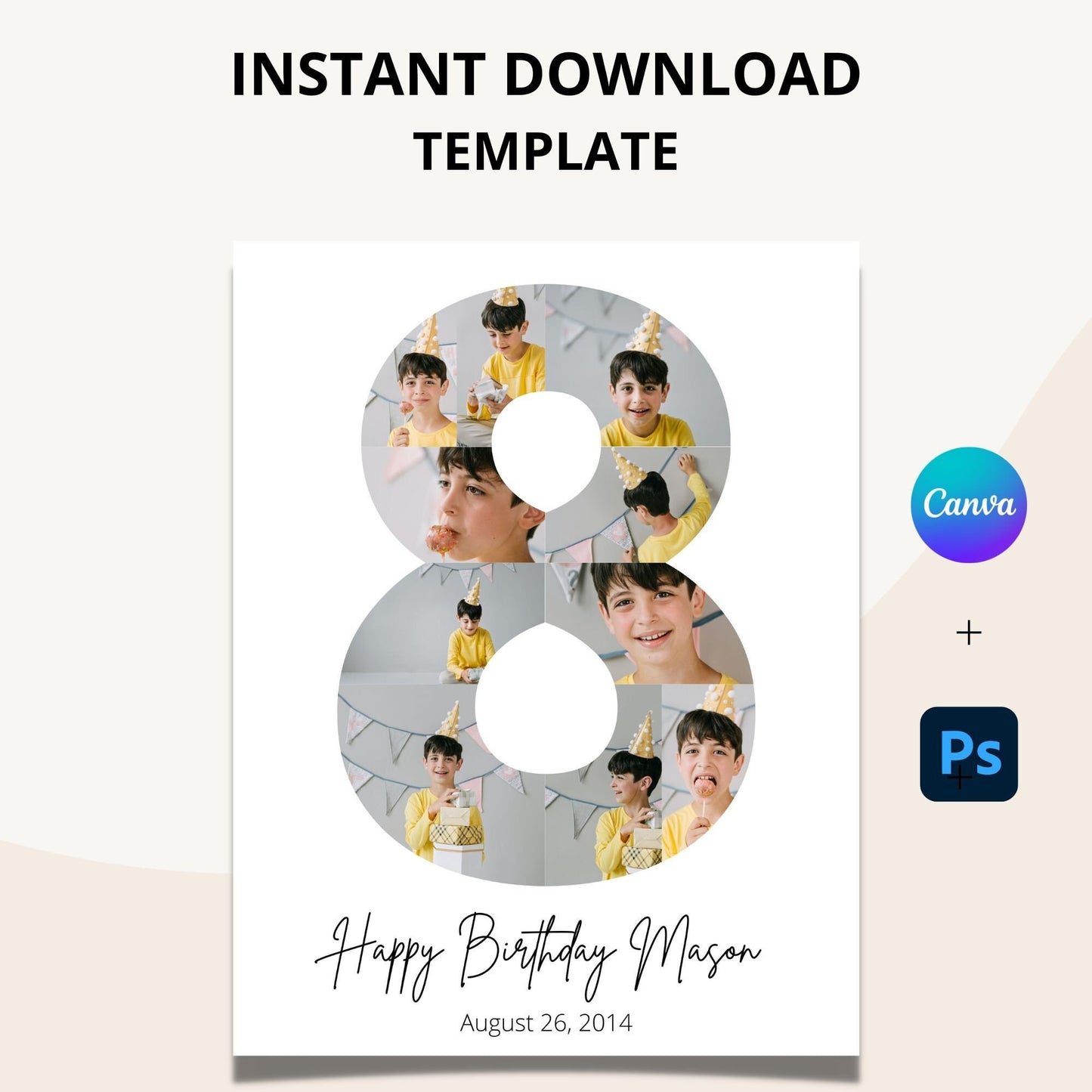 Eighth Birthday Photo Collage Template - Canva & Photoshop Instant Download