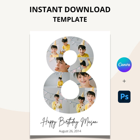 Eighth Birthday Photo Collage Template - Canva & Photoshop Instant Download