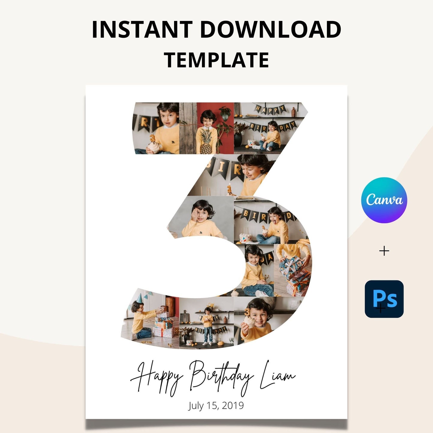 Third Birthday Photo Collage Template - Canva & Photoshop Instant Download