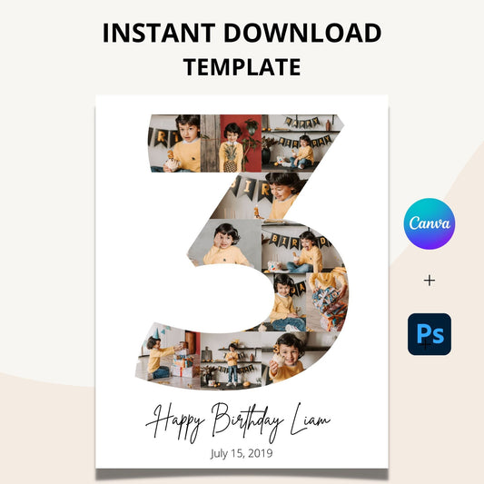Third Birthday Photo Collage Template - Canva & Photoshop Instant Download
