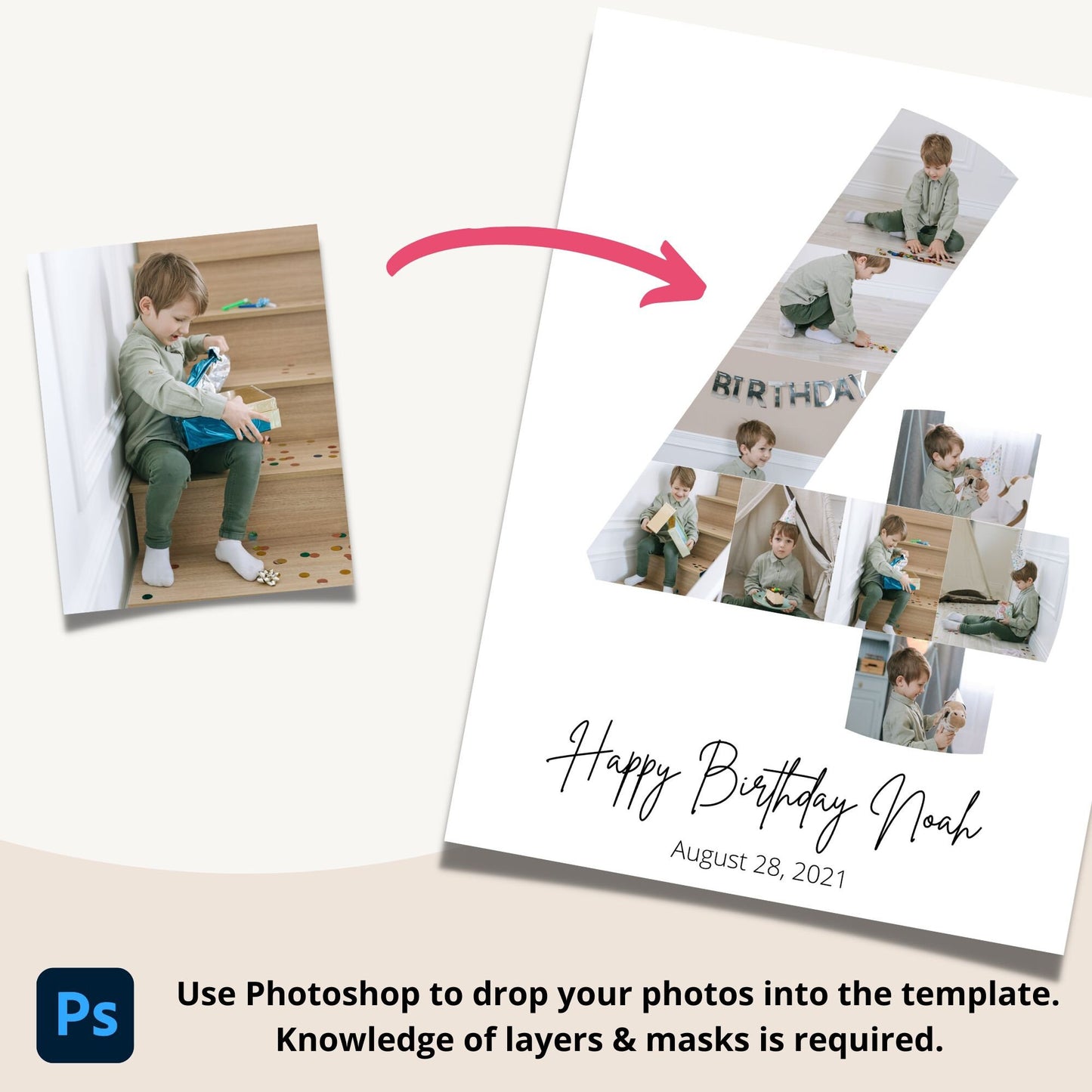 Fourth Birthday Photo Collage Template - Canva & Photoshop Instant Download