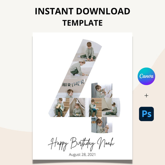 Fourth Birthday Photo Collage Template - Canva & Photoshop Instant Download