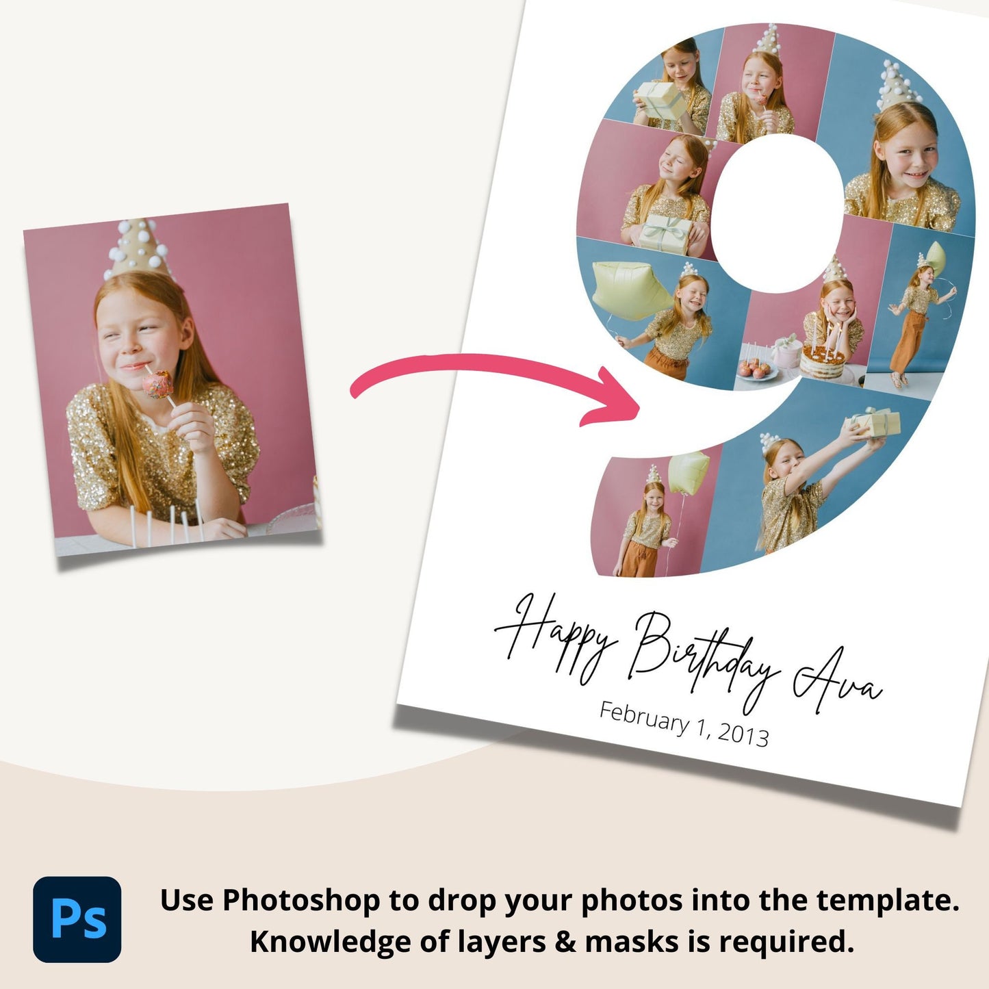 Ninth Birthday Photo Collage Template - Canva & Photoshop Instant Download