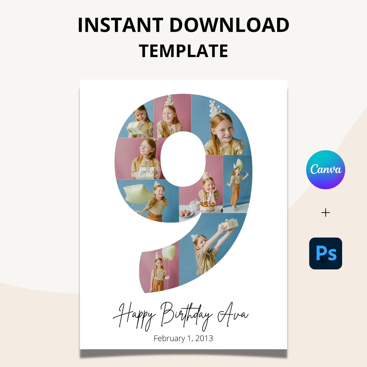 Ninth Birthday Photo Collage Template - Canva & Photoshop Instant Download
