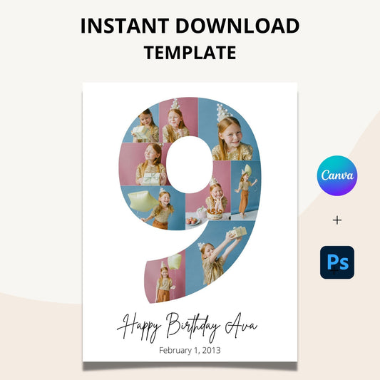 Ninth Birthday Photo Collage Template - Canva & Photoshop Instant Download