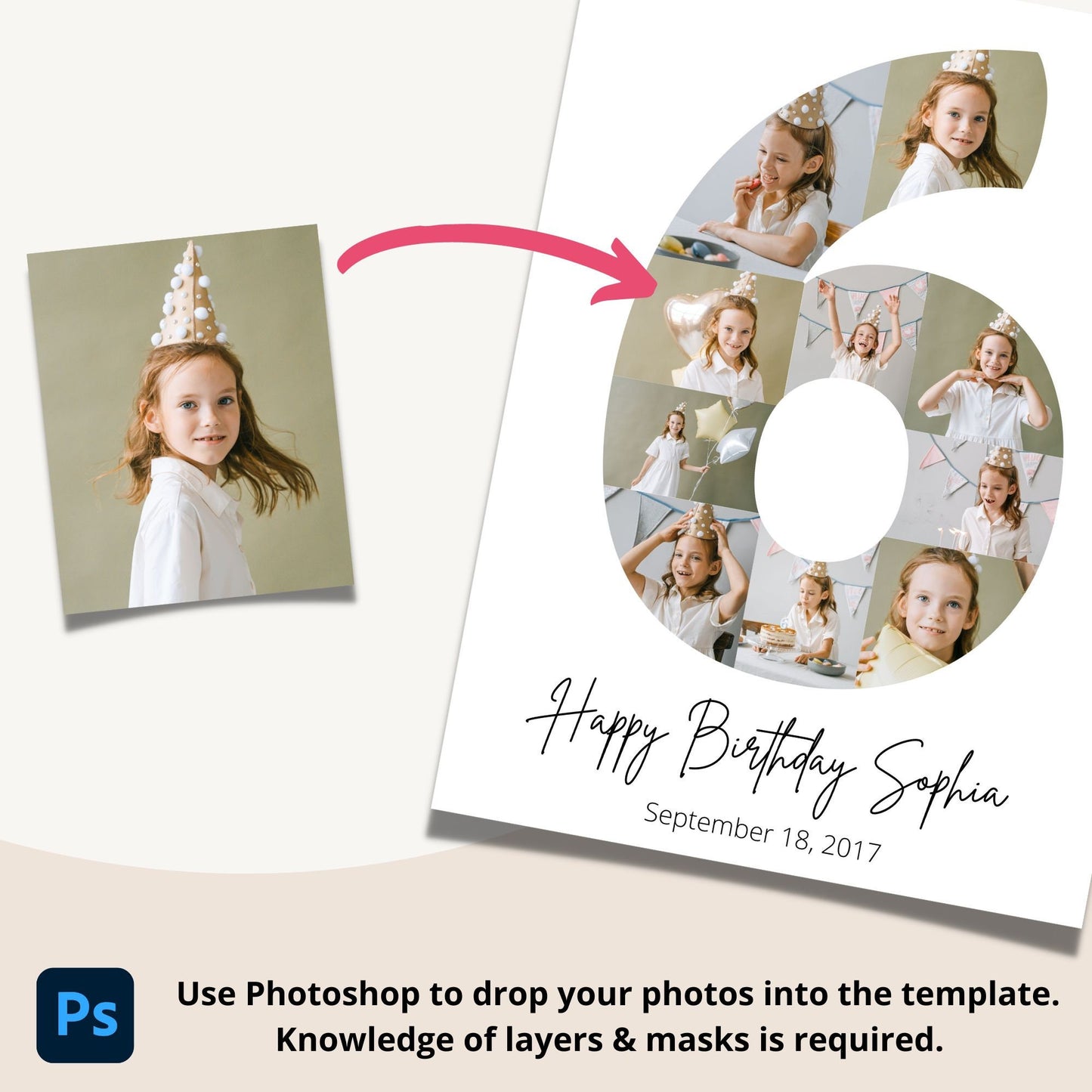 Sixth Birthday Photo Collage Template - Canva & Photoshop Instant Download