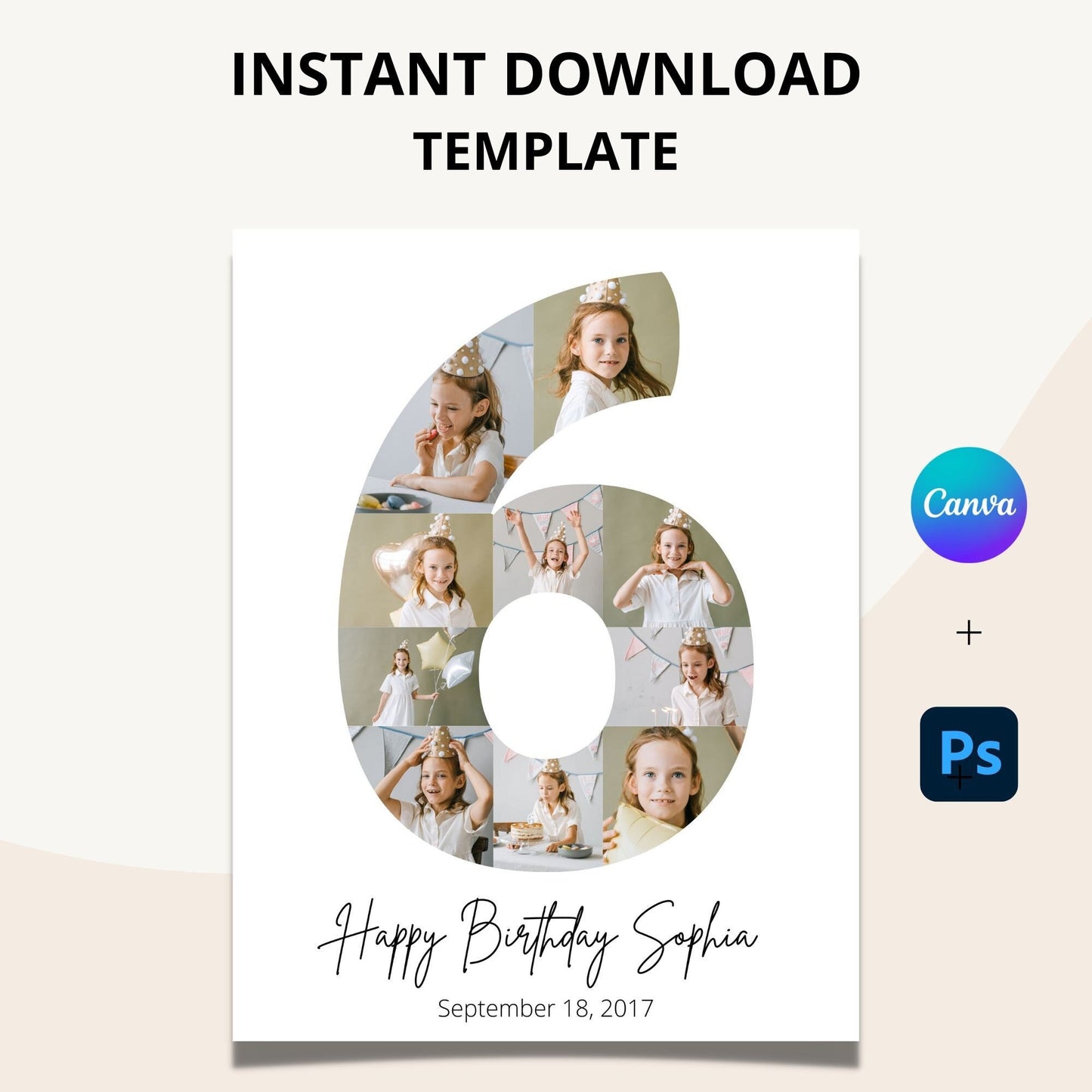 Sixth Birthday Photo Collage Template - Canva & Photoshop Instant Download