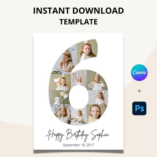 Sixth Birthday Photo Collage Template - Canva & Photoshop Instant Download
