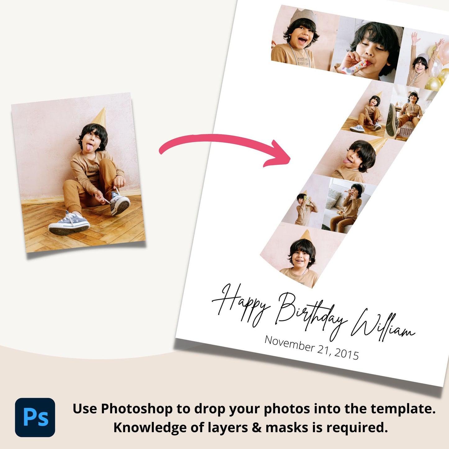 Seventh Birthday Photo Collage Template - Canva & Photoshop Instant Download