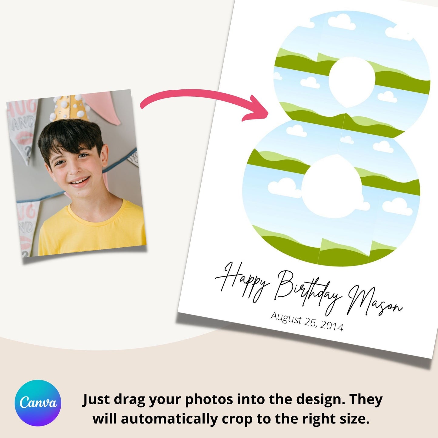 Eighth Birthday Photo Collage Template - Canva & Photoshop Instant Download