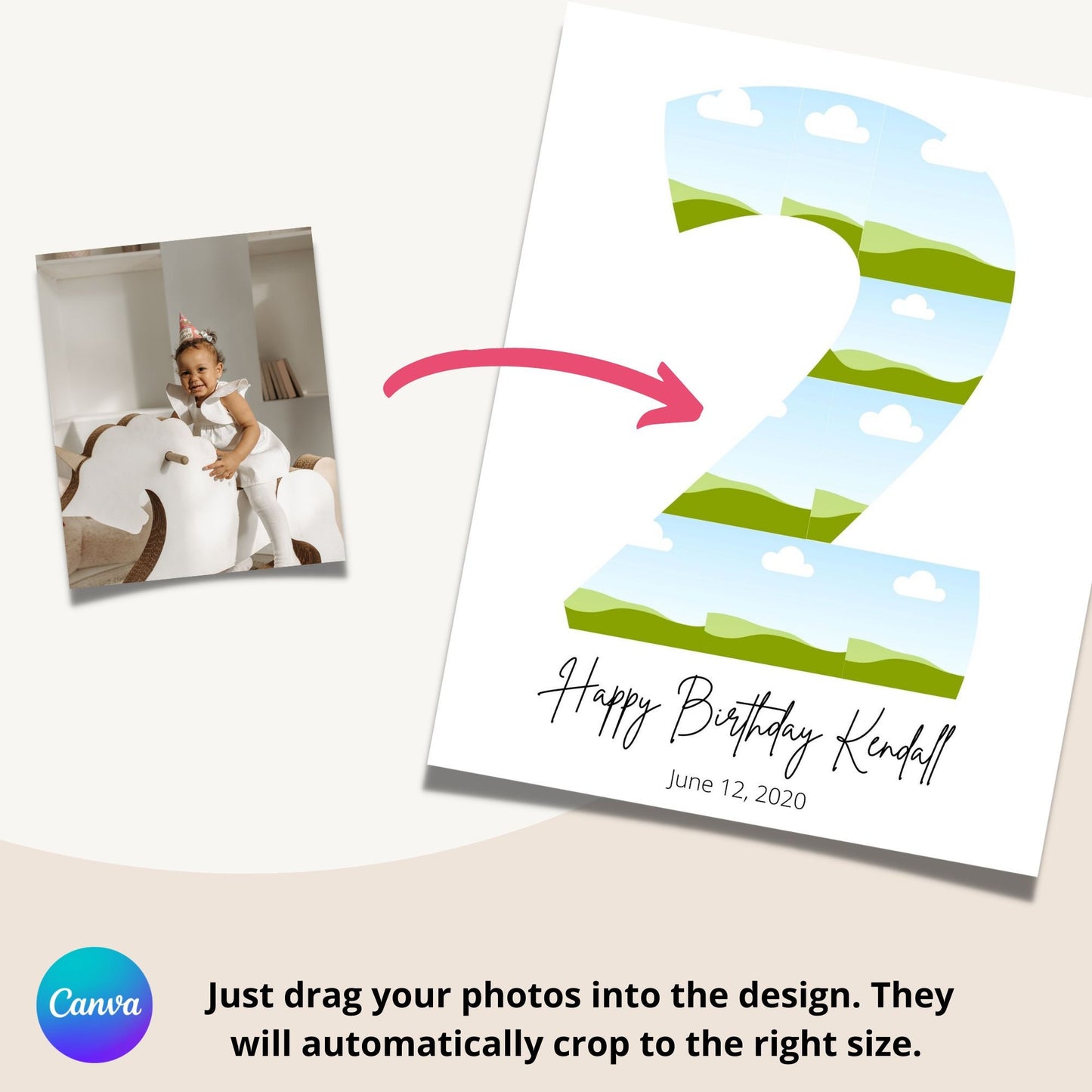 Second Birthday Photo Collage Template - Canva & Photoshop Instant Download