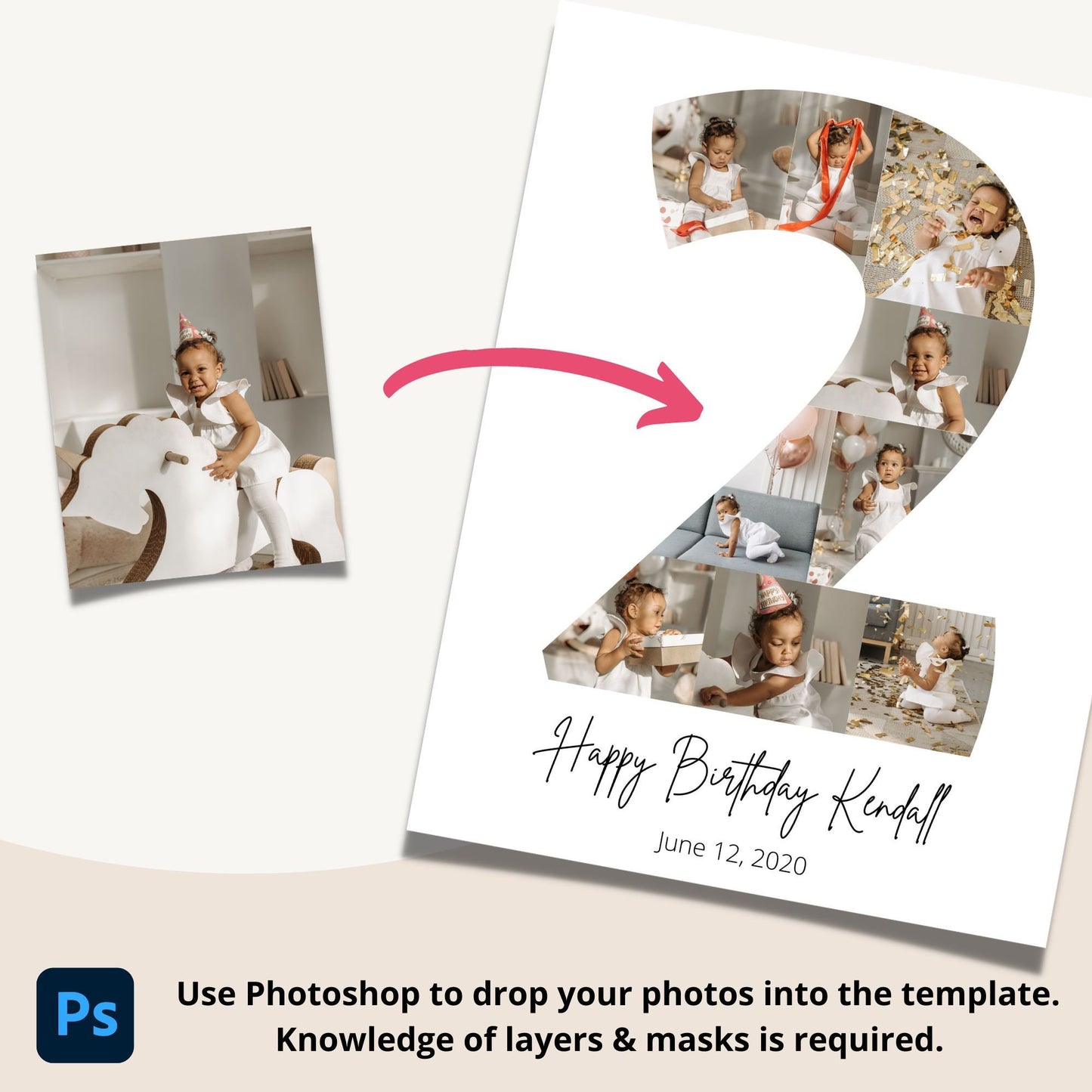 Second Birthday Photo Collage Template - Canva & Photoshop Instant Download
