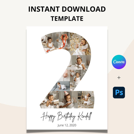 Second Birthday Photo Collage Template - Canva & Photoshop Instant Download