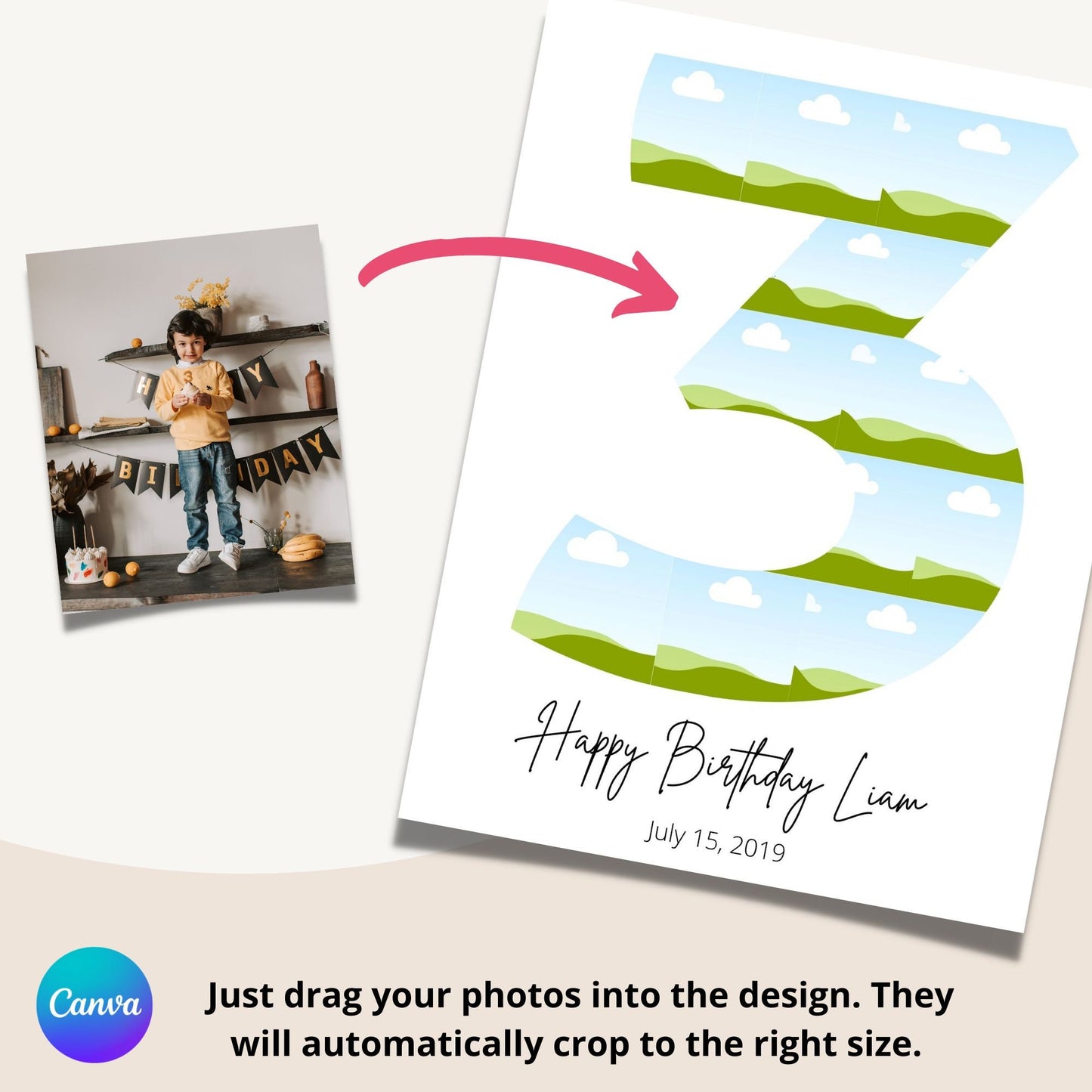 Third Birthday Photo Collage Template - Canva & Photoshop Instant Download