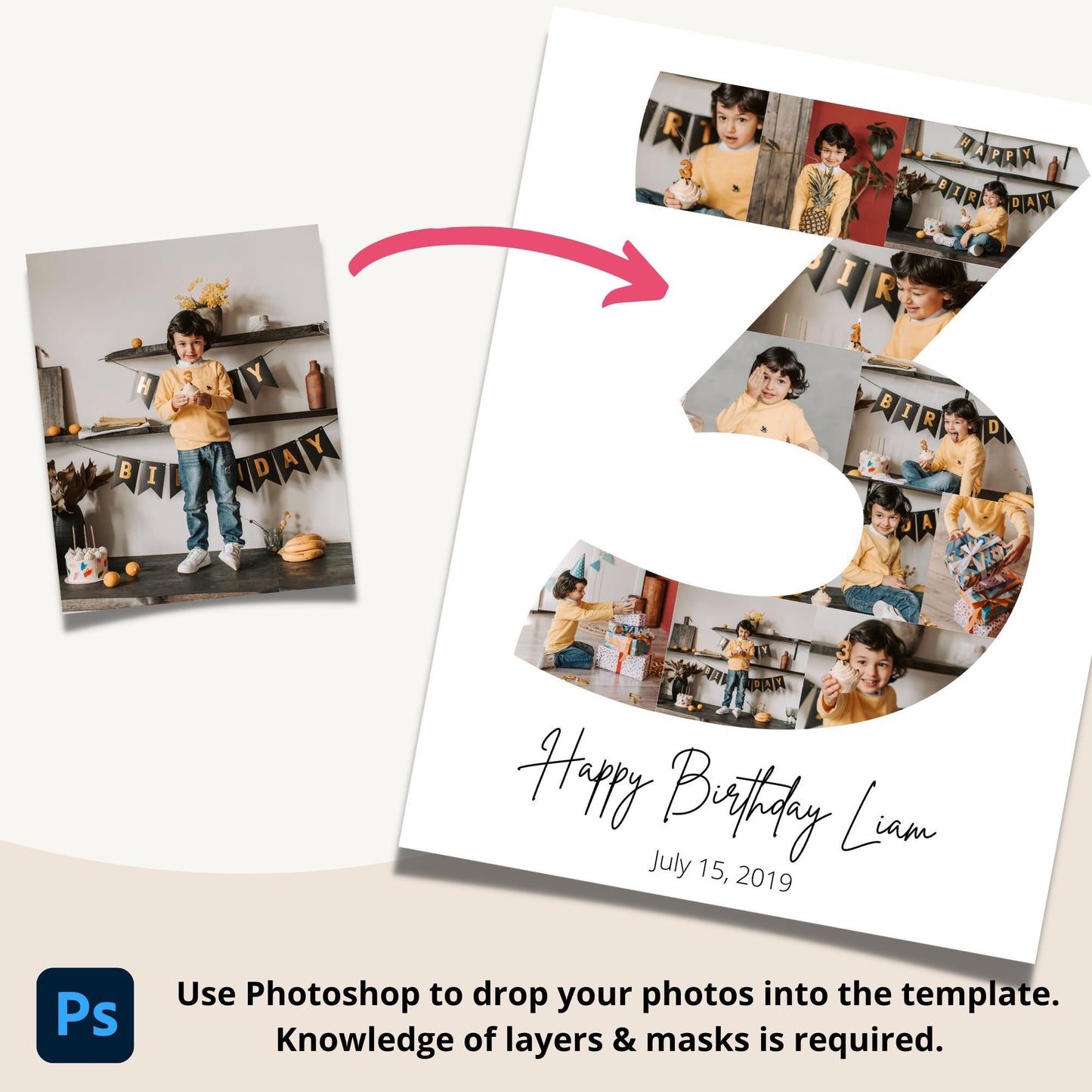 Third Birthday Photo Collage Template - Canva & Photoshop Instant Download