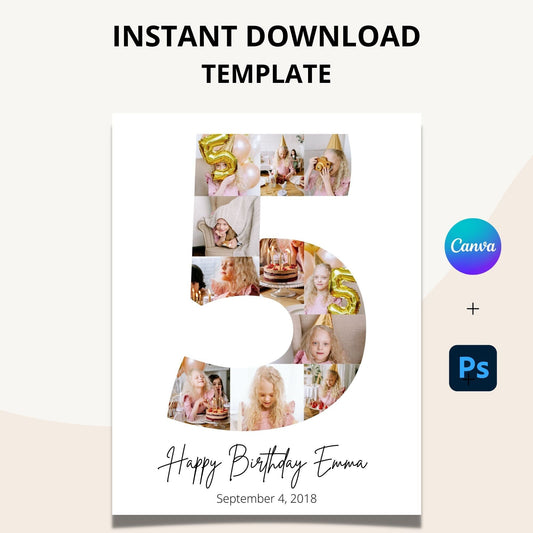 Fifth Birthday Photo Collage Template - Canva & Photoshop Instant Download